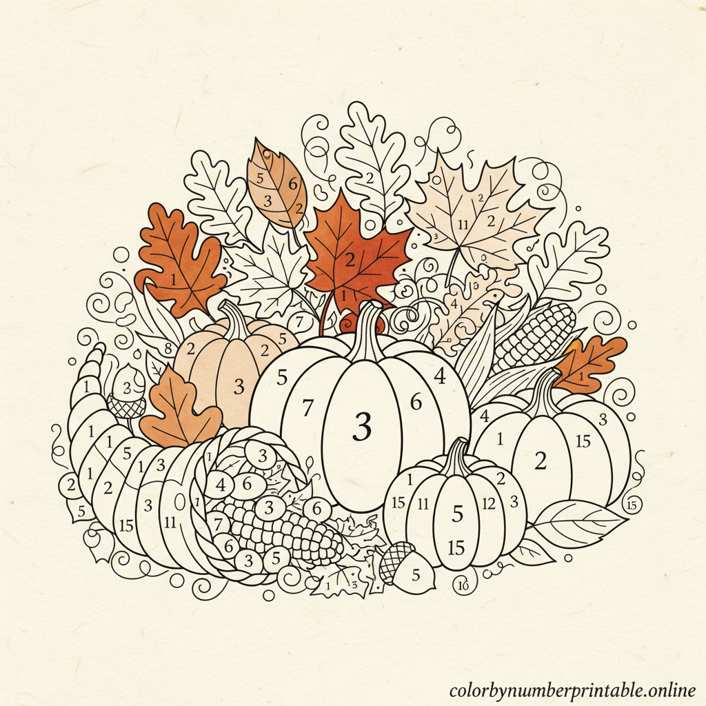 Fall color by number printable featuring autumn leaves and pumpkins, rich orange-brown tones, and warm seasonal details for cozy coloring